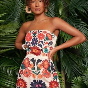 SHEIN Strapless Floral Embroidered Dress in Cream with Multicolor Blooms